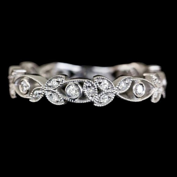 VINTAGE STYLE PLATINUM G-H VS DIAMOND WEDDING BAND FILIGREE FLORAL ART DECO RING - Picture 1 of 5